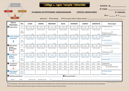 Planning nutritionnel hebdomadaire oiseau en mue