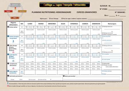 Planning nutritionnel hebdomadaire oiseau en préparation de reproduction